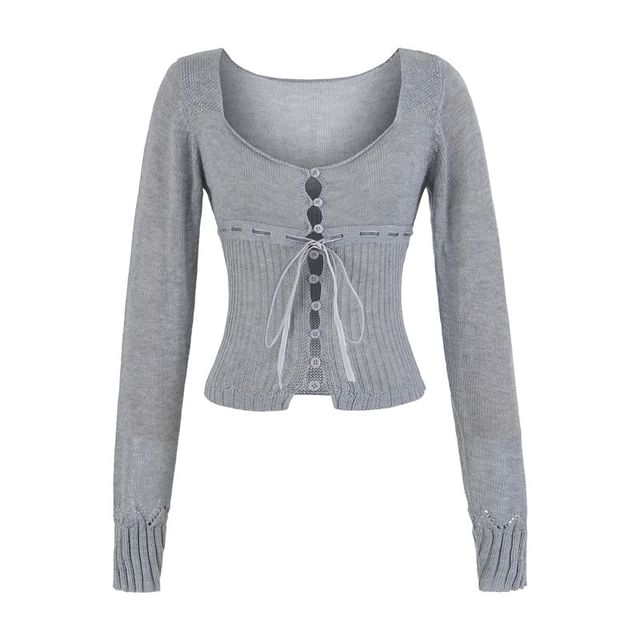 Square Neck Tie Front Button-Up Plain Crop Cardigan