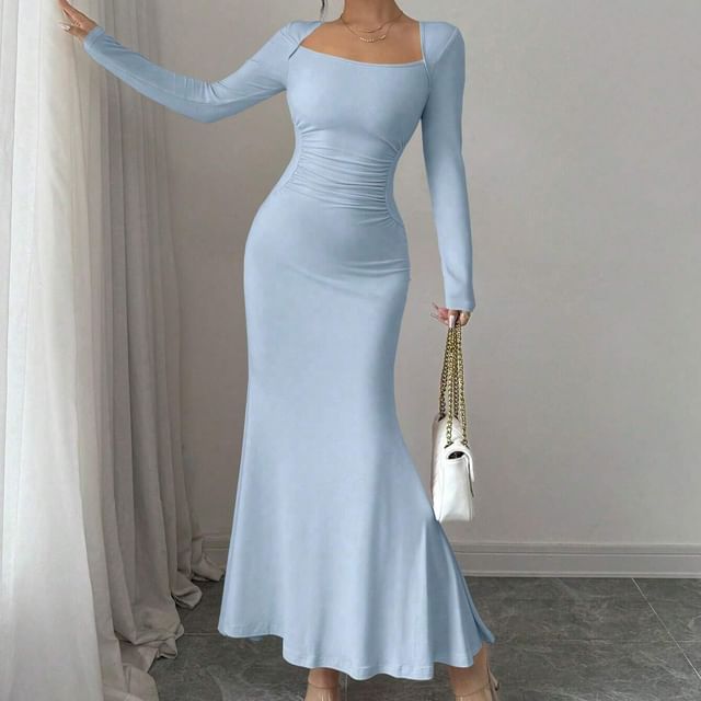 Long-Sleeve Square Neck Plain Ruched Maxi Mermaid Dress