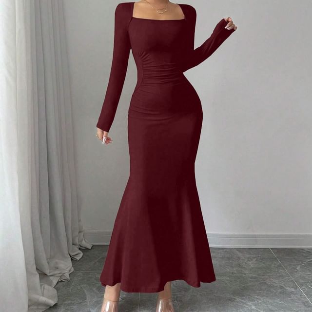 Long-Sleeve Square Neck Plain Ruched Maxi Mermaid Dress