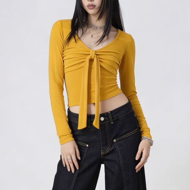 Tie-Front V-Neck Tee with Long Sleeves