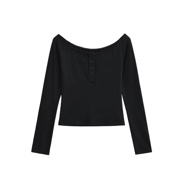 Henley Crop Tee with Boat Neck and Long Sleeves