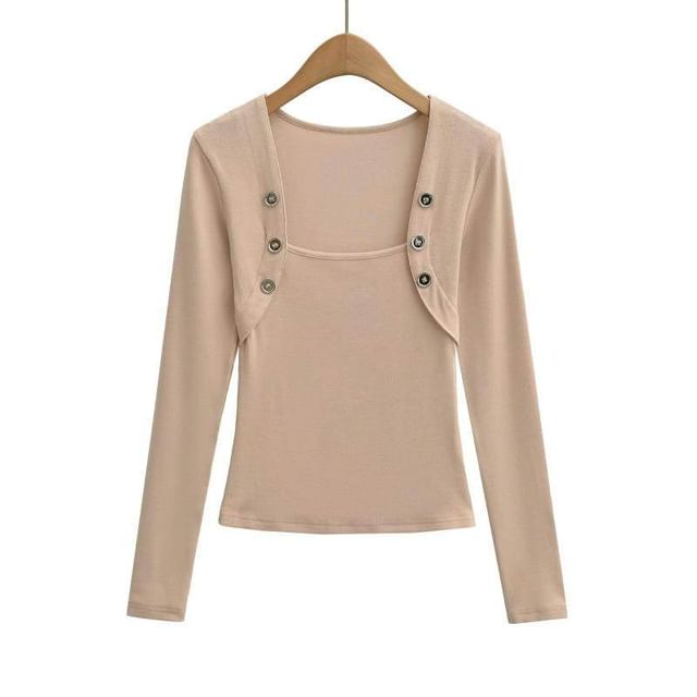 Square Neck Button Detail Tee with Long Sleeves