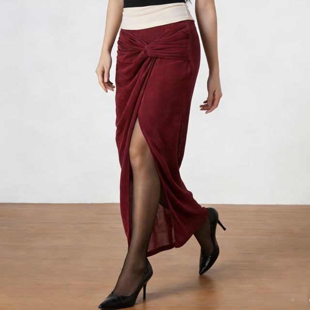 Knot Twisted Slit Midi Pencil Skirt High Waist