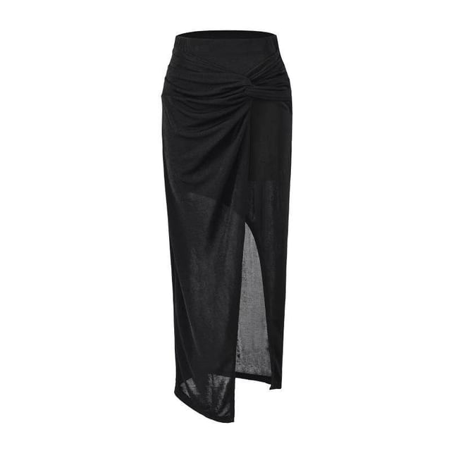Knot Twisted Slit Midi Pencil Skirt High Waist