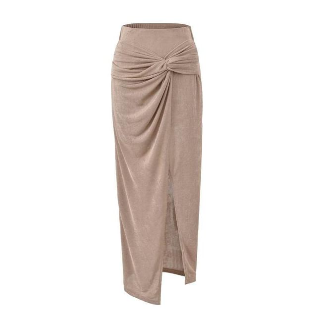 Knot Twisted Slit Midi Pencil Skirt High Waist