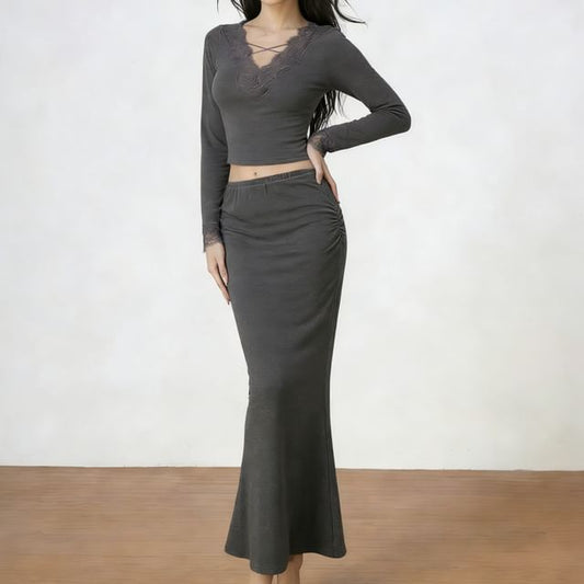 Lace Panel Top & Mermaid Maxi Skirt Set