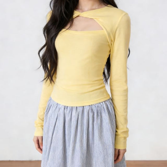 Cutout Crop Tee with Crew Neck and Long Sleeves