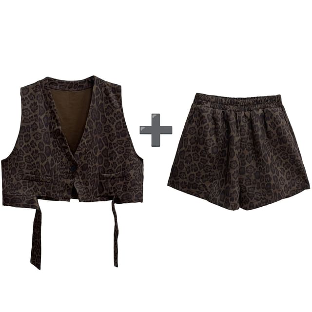 Leopard Print Vest & Glitter Top with Shorts Set