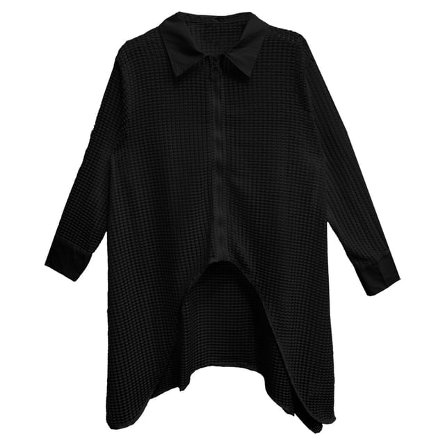 Waffle Knit Zip-Up Collared Shirt with Long Sleeves