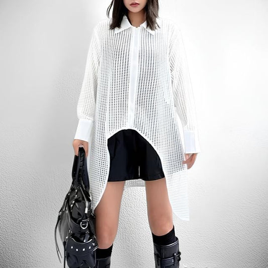 Waffle Knit Zip-Up Collared Shirt with Long Sleeves