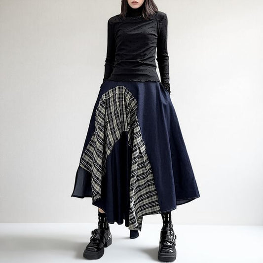 Mock Neck Top with Plaid Asymmetrical Maxi Skirt