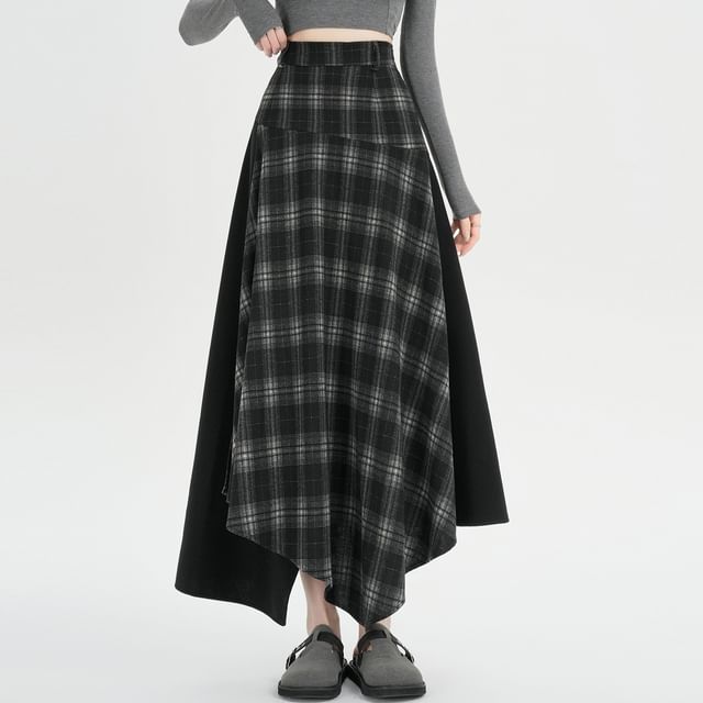 Plaid Panel Asymmetrical Maxi A-Line Skirt