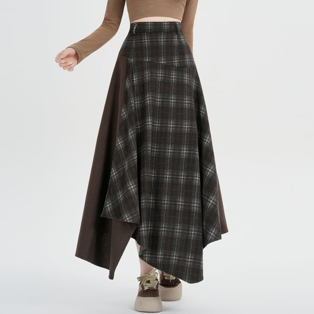 Plaid Panel Asymmetrical Maxi A-Line Skirt