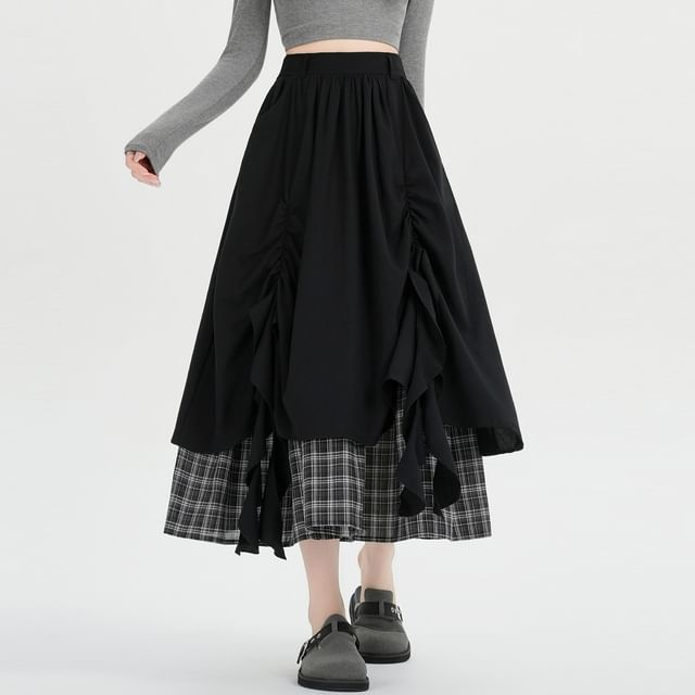 Layered Plaid Midi A-Line Skirt High Waist