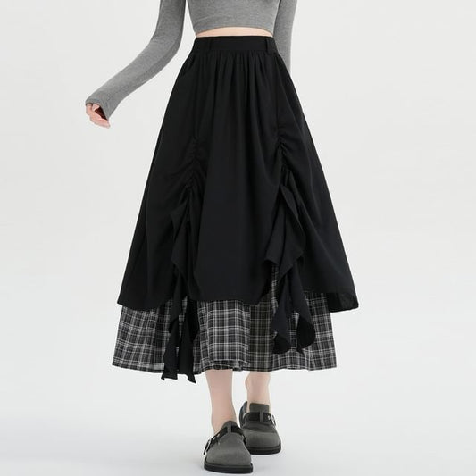 Layered Plaid Midi A-Line Skirt High Waist