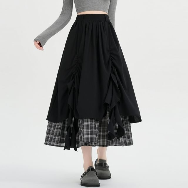 Layered Plaid Midi A-Line Skirt High Waist