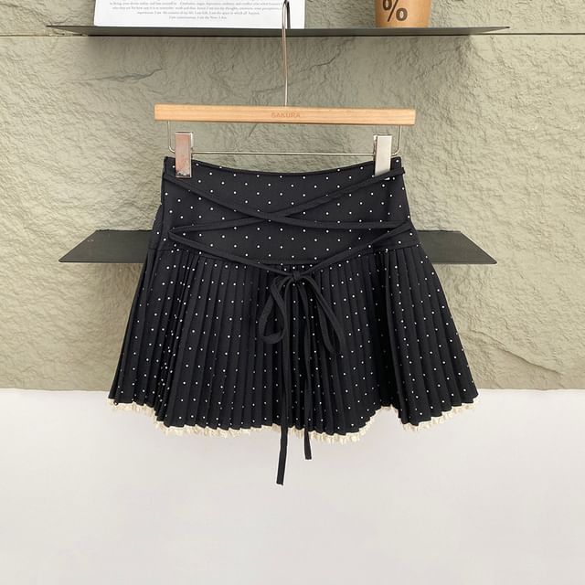 Polka Dot Lace-Up Pleated Mini A-Line Skirt