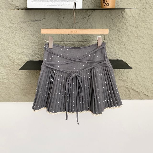 Polka Dot Lace-Up Pleated Mini A-Line Skirt