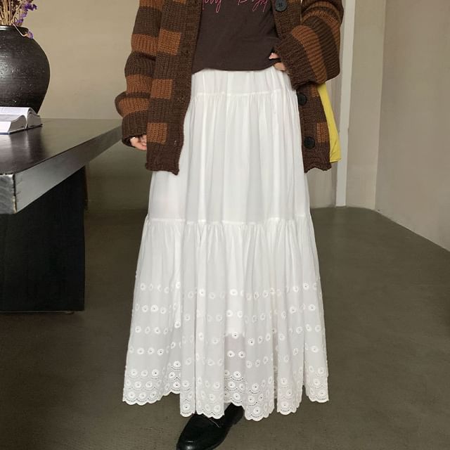 Eyelet Lace Midi A-Line Skirt High Waist
