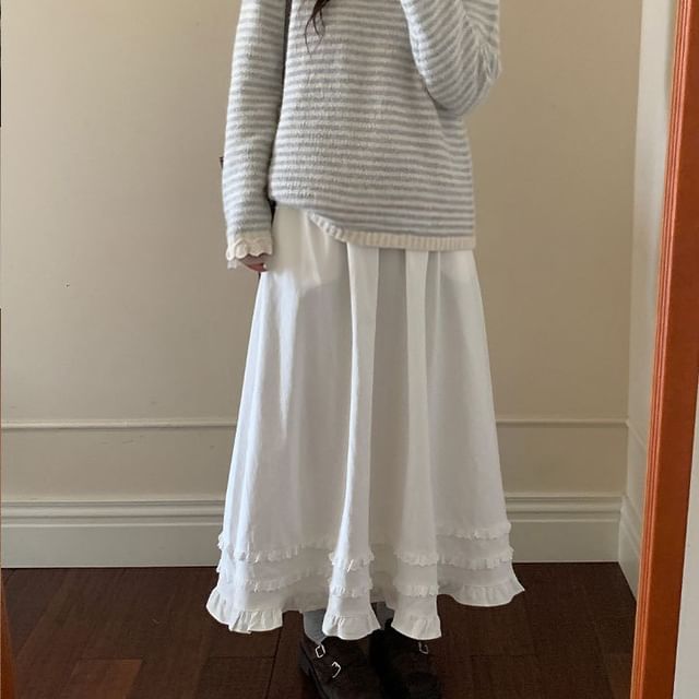 Ruffle Trim Midi A-Line Skirt High Waist