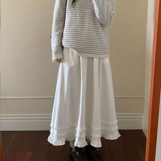 Ruffle Trim Midi A-Line Skirt High Waist