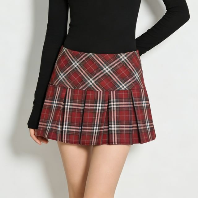 Plaid Mini Pleated Skirt for Mid Rise