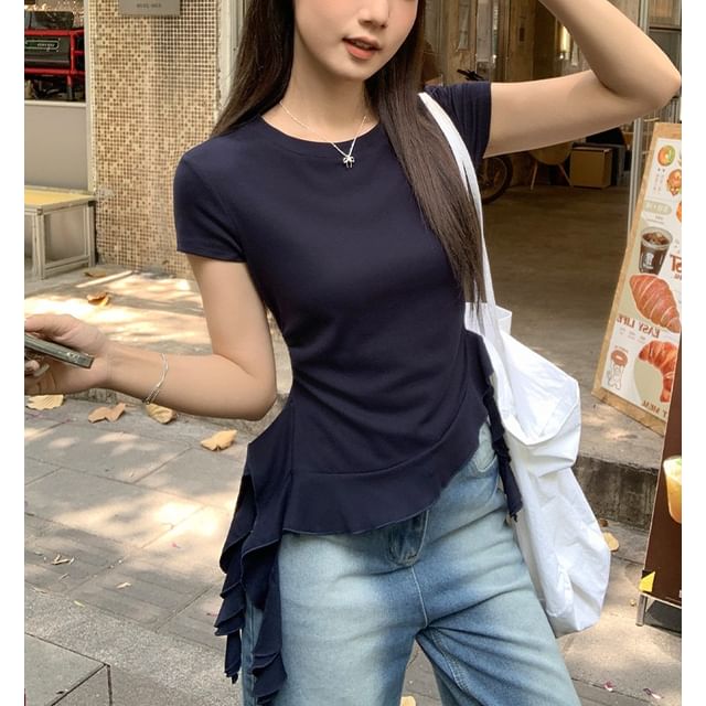 Ruffled Crew Neck Tee with Short Sleeves