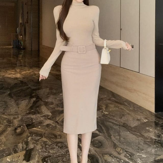 Mock Neck Tee with Belted Midi Pencil Skirt
