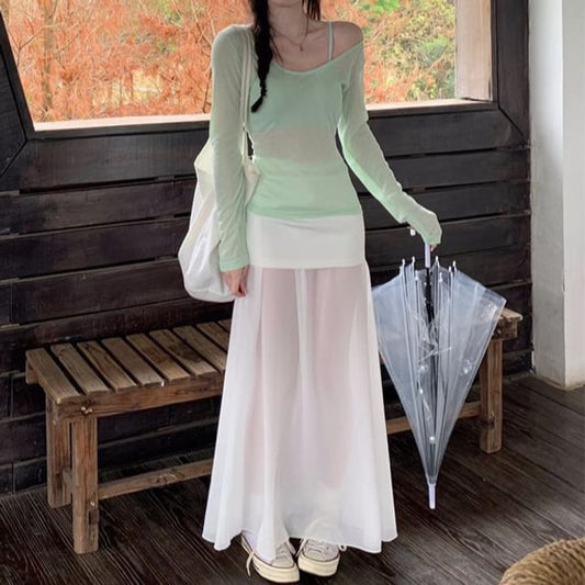 V-Neck Top and Camisole with Maxi Skirt Set