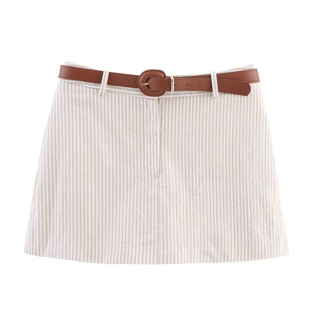 Striped Mini Pencil Skirt with Belt High Waist