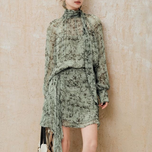 Sheer Blouse, Asymmetrical Skirt, and Camisole Set