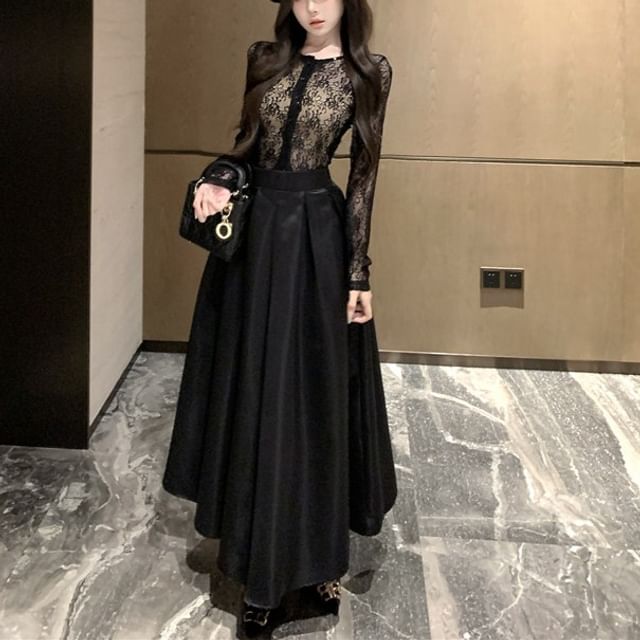 Round Neck Lace Top with Bandeau and Maxi Skirt
