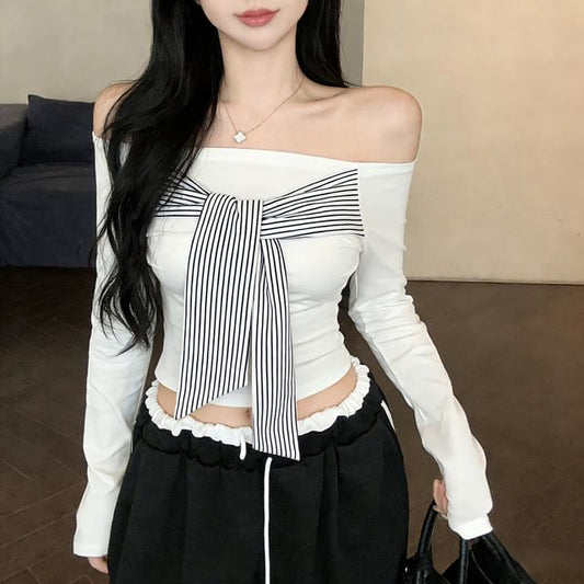 Striped Off-Shoulder Crop Tee with Tie Front