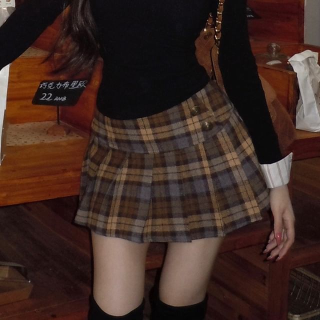 Collared V-Neck Top with Plaid Pleated Mini Skirt