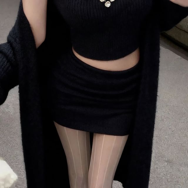 Halter Neck Rhinestone Crop Top with Pencil Skirt and Cardigan