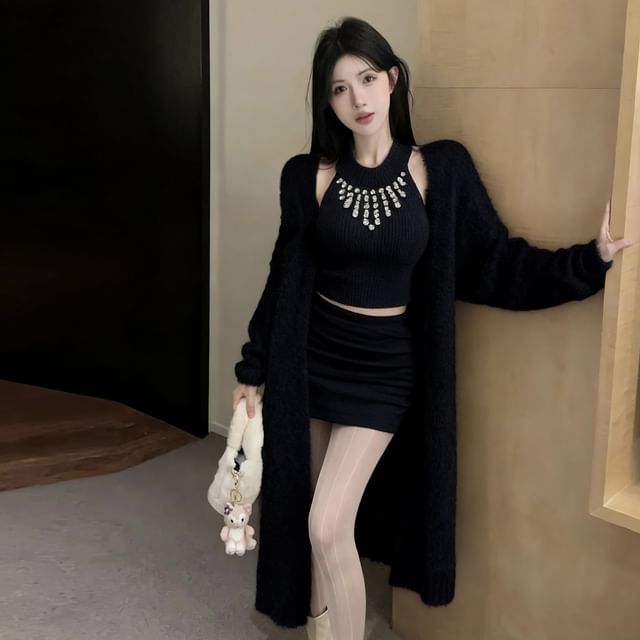 Rhinestone Halter Crop Knit & Pencil Skirt with Cardigan