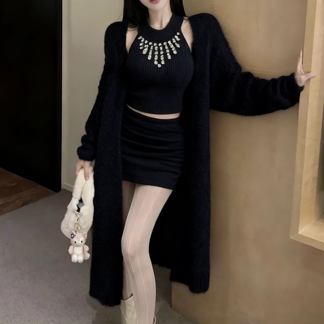 Halter Neck Rhinestone Crop Top with Pencil Skirt and Cardigan