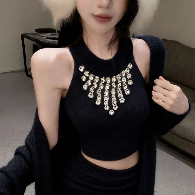 Halter Neck Rhinestone Crop Top with Pencil Skirt and Cardigan