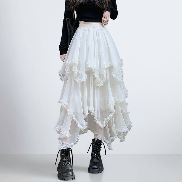 Asymmetrical Frill Mesh Maxi A-Line Skirt