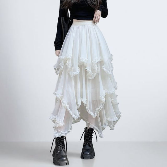 Asymmetrical Frill Mesh Maxi A-Line Skirt