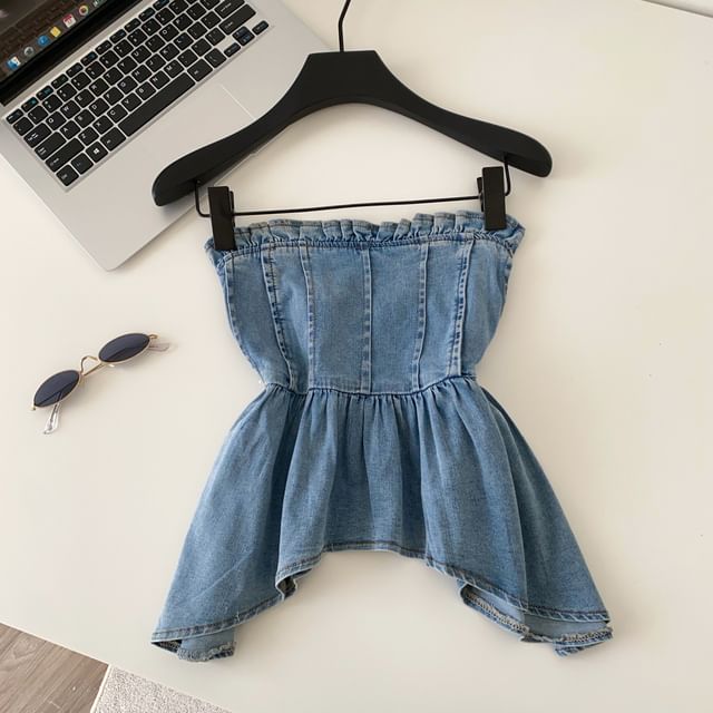 Peplum Denim Tube Top with Frill