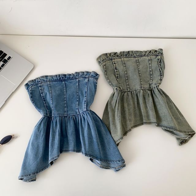 Peplum Denim Tube Top with Frill