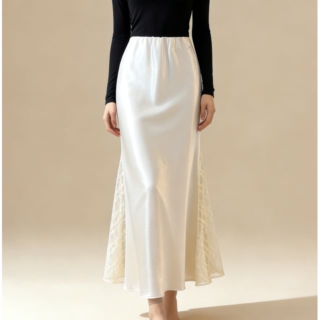 Satin Fishtail Pencil Skirt with Lace Panels