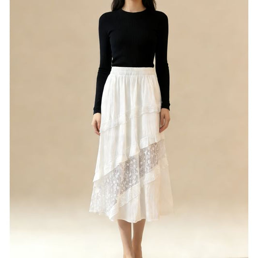 Tiered Maxi A-Line Skirt with Lace Panels