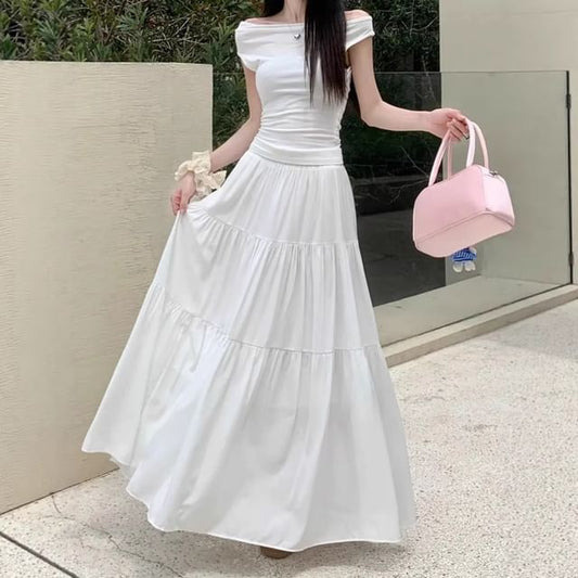 Tiered Maxi A-Line Skirt - High Waist Plain