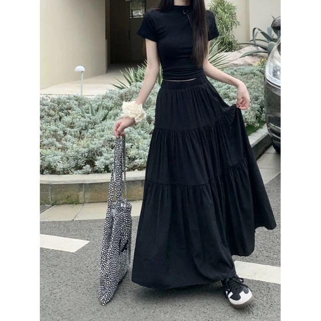 Tiered Maxi A-Line Skirt - High Waist Plain