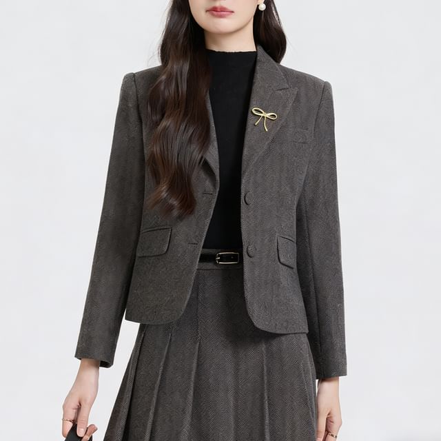 Herringbone Blazer and Pleated Midi Skirt Set