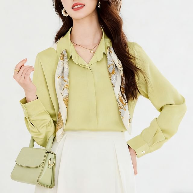 Collared Blouse, Midi Skirt, and Scarf Set