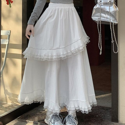 Ruffle-Trimmed Lace Maxi A-Line Skirt