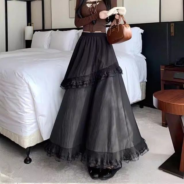 Ruffle-Trimmed Lace Maxi A-Line Skirt